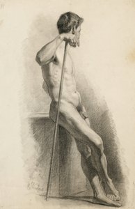 Undersøgelse af mandlig nøgen med stav, set fra siden, 1871 (kul på gulfarvet papir)
